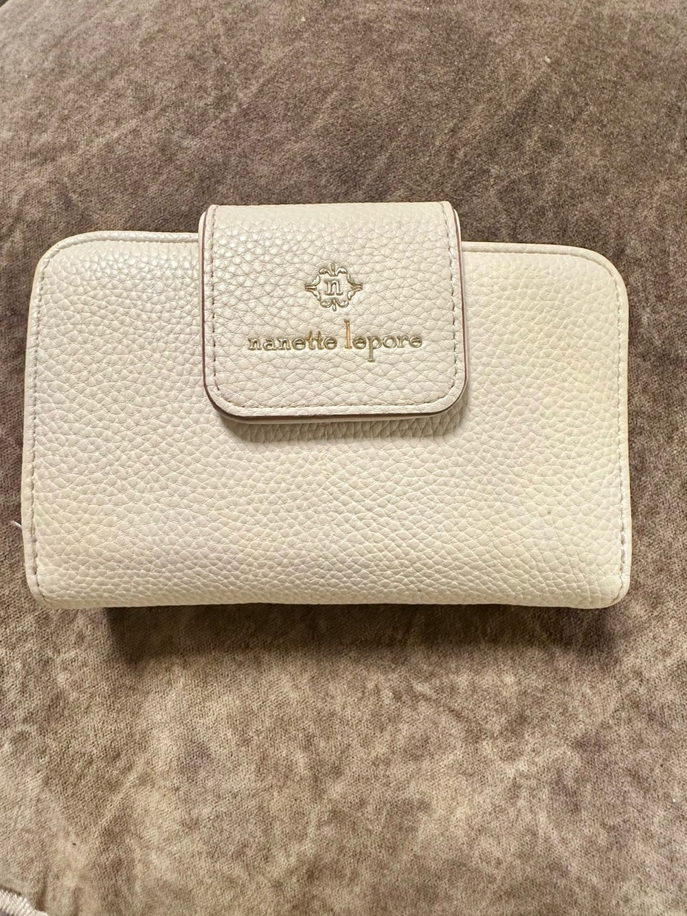 Nanette Lepore Cream Pebbled Leather Bifold Wallet with Gold Logo